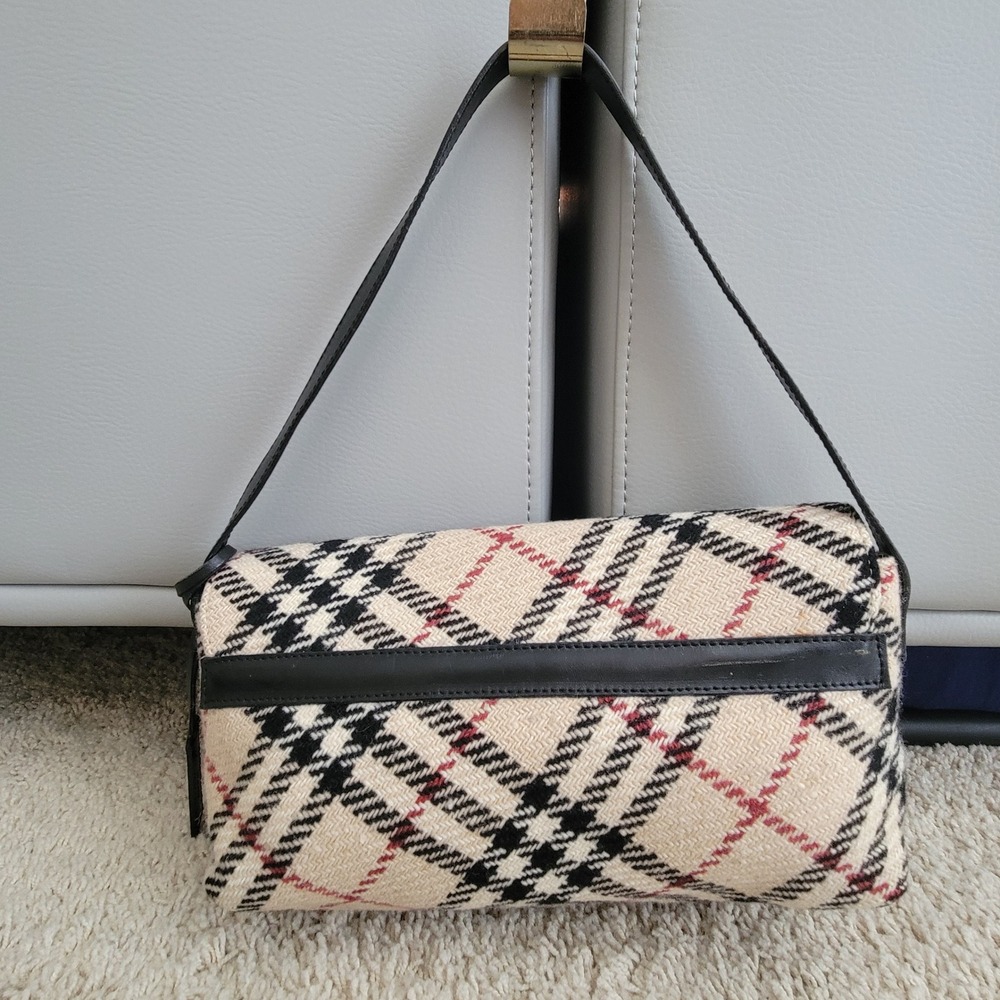 Vtg Burberry London Nova Check Wool Baguette Shoulder Bag Tan Black Leather Trim - Picture 3 of 16